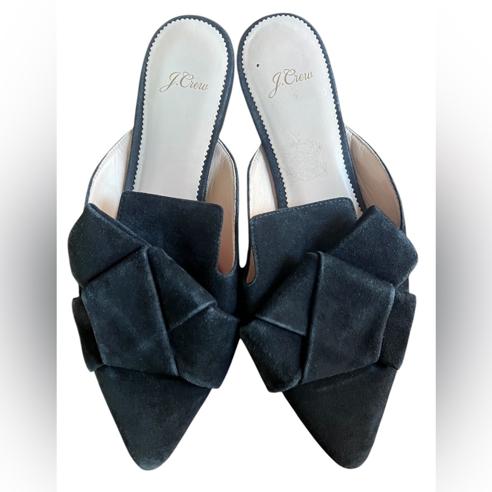 J Crew Pointed Black Suede Pointed Toe Slides with Bow Mules Size 9.5